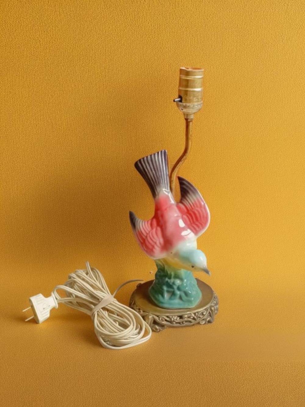 Rare Antique Handpainted Porcelain Bird Table Lamp Excelsior Lamp Socket